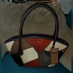 *NWT* Vintage Le Sac Kultura Patchwork Woven Straw Shoulder/Handbag
